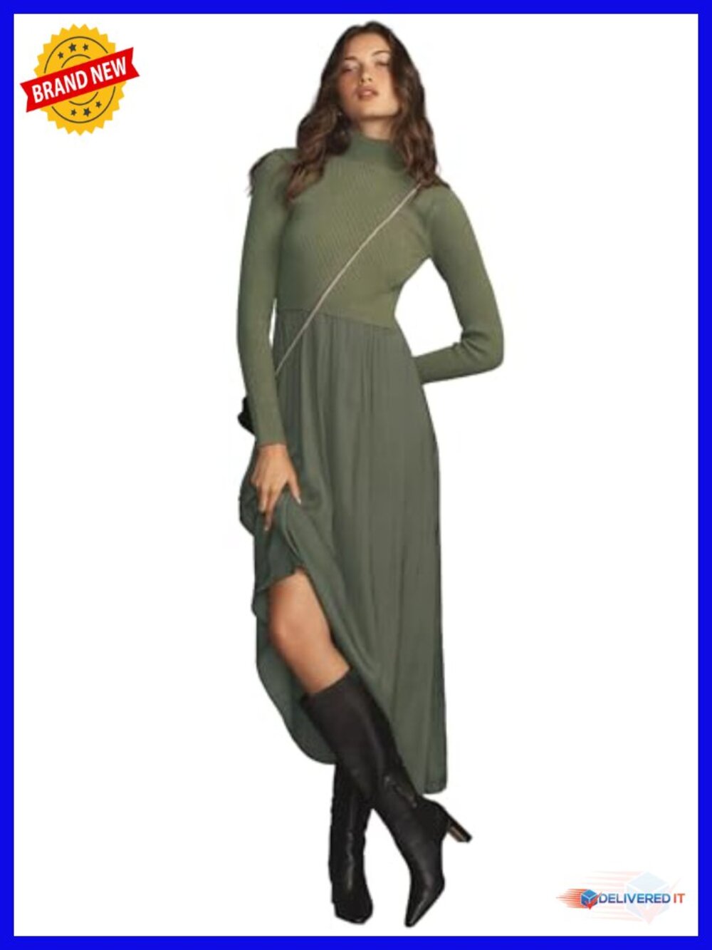Long Sleeve Mock Neck Ribbed Knit Maxi Dress A-Line Sweater Dress